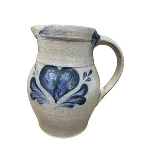 Rowe Pottery 1992 Vtg Blue floral Stoneware salt glazed pottery pitcher SKU 9590